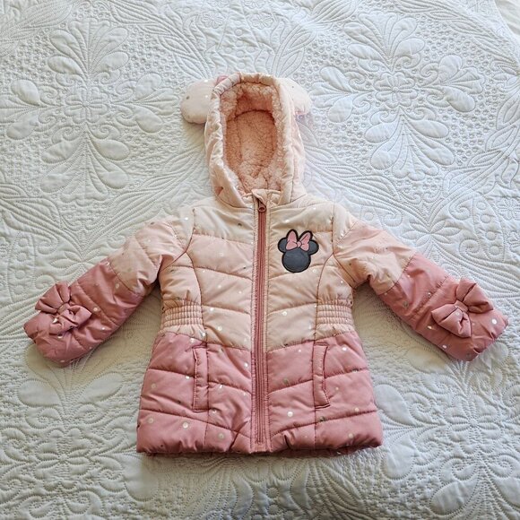 Disney Mickey Ears Coat, Pink with Bow Details, Toddler Girls 2T Faux Fur Lined - Picture 1 of 13